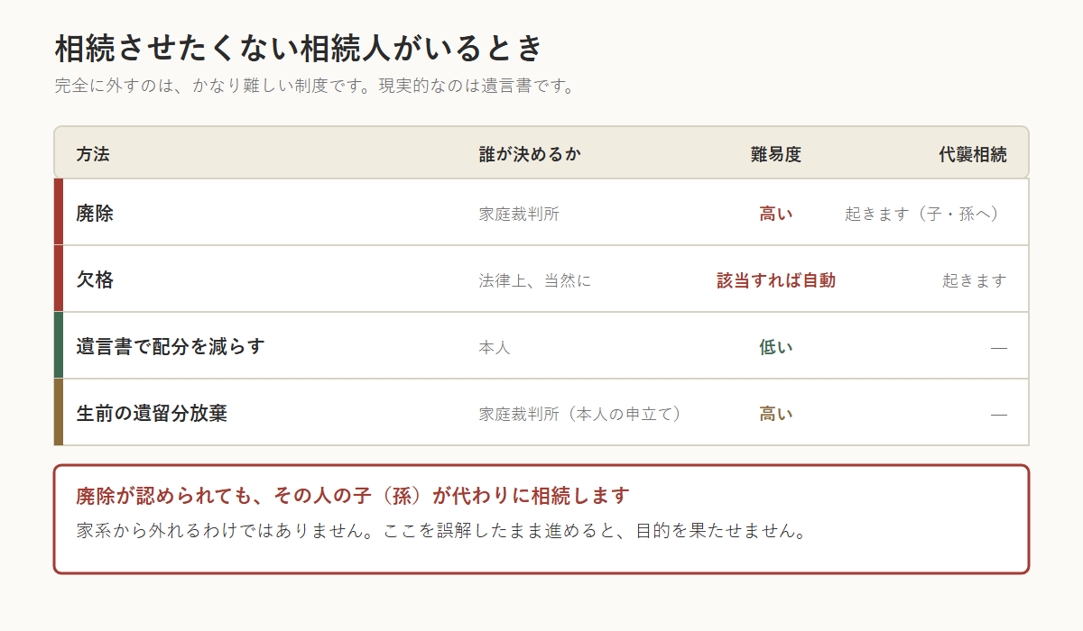 相続させたくない相続人がいるときの4つの方法を比べた表。廃除は家庭裁判所が決め難易度は高く代襲相続が起きる、欠格は法律上当然に該当し代襲相続が起きる、遺言書で配分を減らす方法は本人が決められ難易度は低い、生前の遺留分放棄は家庭裁判所への本人の申立てで難易度は高い