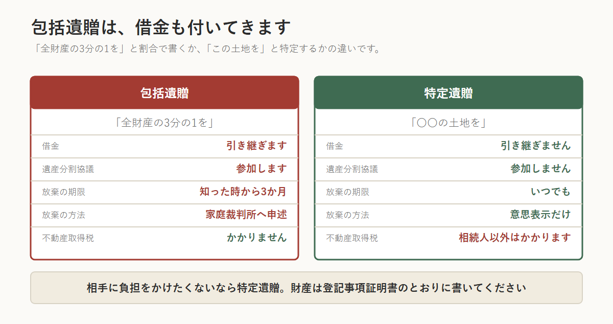 包括遺贈と特定遺贈の比較図。包括遺贈は借金を引き継ぎ、遺産分割協議に参加し、放棄は知った時から3か月以内に家庭裁判所へ申述するが、不動産取得税はかからない。特定遺贈は借金を引き継がず、協議に参加せず、放棄はいつでも意思表示だけでできるが、相続人以外には不動産取得税がかかる