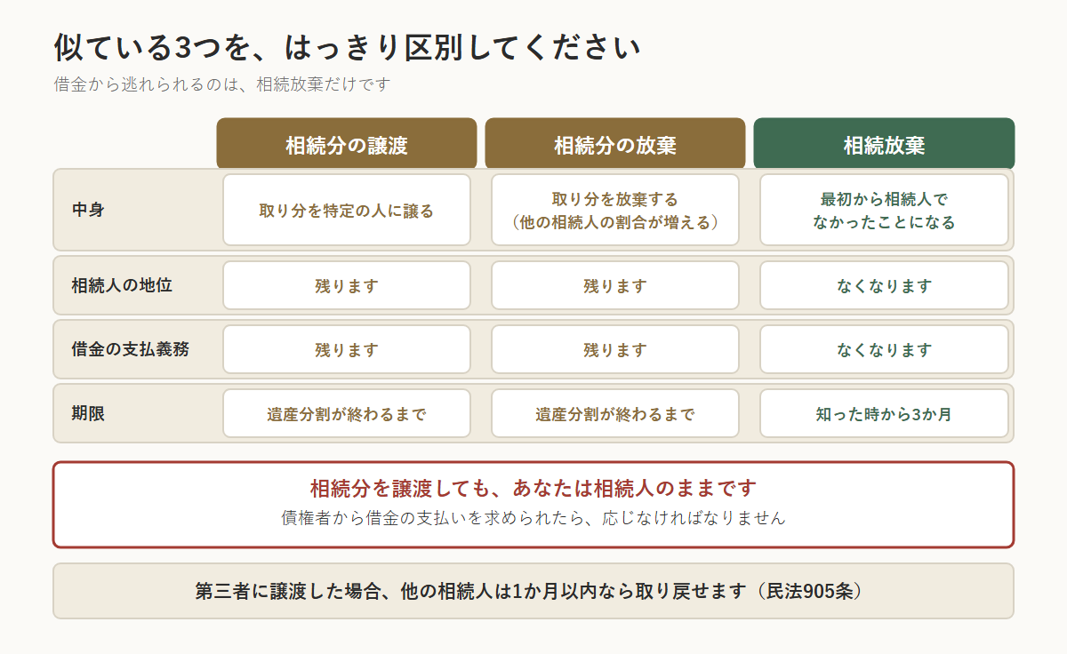 相続分の譲渡・相続分の放棄・相続放棄の3つを比べた表。相続分の譲渡は取り分を特定の人に譲るもので、相続人の地位も借金の支払義務も残り、期限は遺産分割が終わるまで。相続分の放棄は取り分を放棄して他の相続人の割合が増えるもので、地位も支払義務も残り、期限は遺産分割が終わるまで。相続放棄は最初から相続人でなかったことになり、地位も借金の支払義務もなくなるが、期限は知った時から3か月。相続分を譲渡しても相続人のままなので、債権者から借金の支払いを求められたら応じなければならない