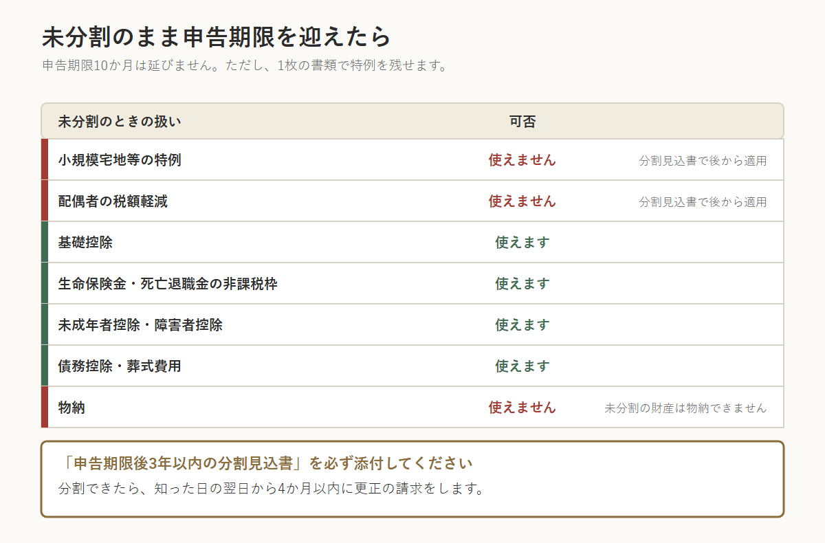 未分割のまま申告したときに使える制度と使えない制度の一覧。小規模宅地等の特例と配偶者の税額軽減と物納は使えないが、基礎控除、生命保険金や死亡退職金の非課税枠、未成年者控除、障害者控除、債務控除、葬式費用は使える。申告期限後3年以内の分割見込書の添付が必要