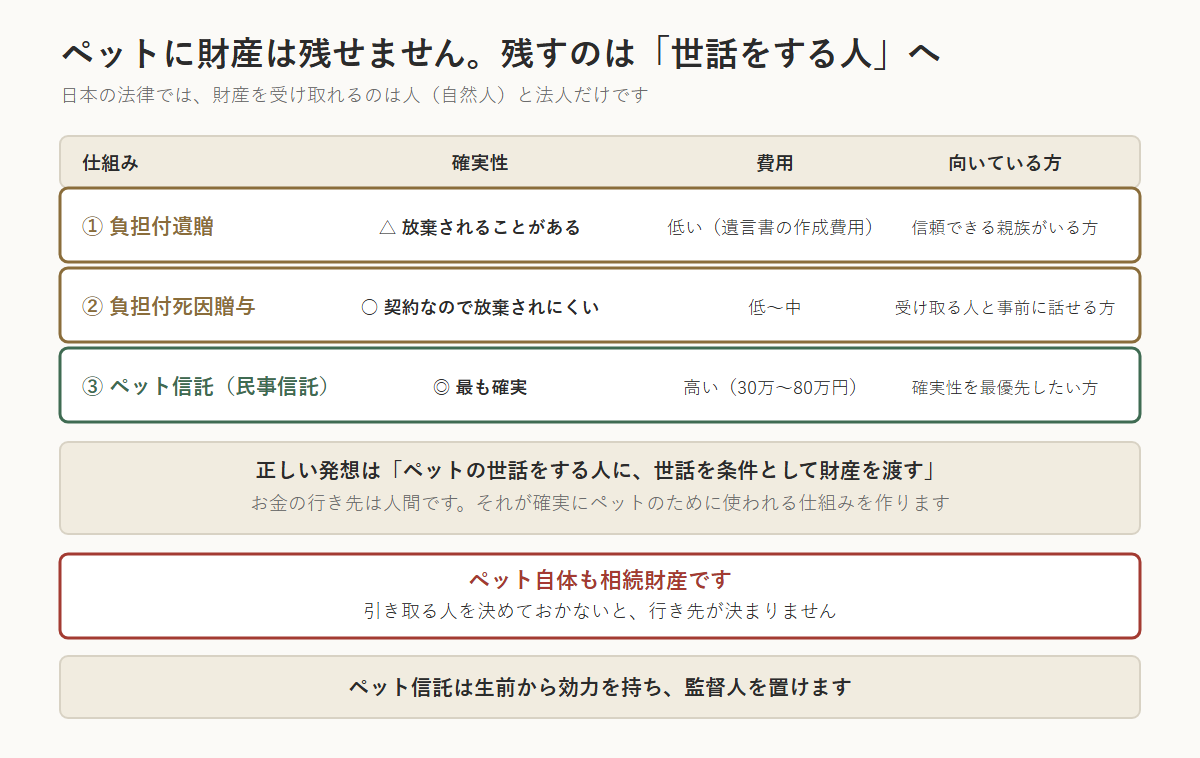 ペットに財産を残すために使える3つの仕組みを比べた表。①負担付遺贈は確実性が低く放棄されることがあるが、費用は遺言書の作成費用のみで、信頼できる親族がいる方向け。②負担付死因贈与は契約なので放棄されにくく、費用は低〜中で、受け取る人と事前に話せる方向け。③ペット信託（民事信託）が最も確実だが費用は30万〜80万円で、確実性を最優先したい方向け。日本の法律では財産を受け取れるのは人（自然人）と法人だけなので、ペットの世話をする人に世話を条件として財産を渡す形にする。ペット自体も相続財産