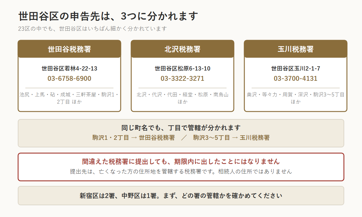 世田谷区の相続税の申告先が3つの税務署に分かれることを示した図。世田谷税務署は世田谷区若林4-22-13、電話03-6758-6900で池尻・上馬・砧・成城・三軒茶屋・駒沢1・2丁目ほか。北沢税務署は松原6-13-10、電話03-3322-3271で北沢・代沢・代田・経堂・松原・南烏山ほか。玉川税務署は玉川2-1-7、電話03-3700-4131で奥沢・等々力・用賀・深沢・駒沢3〜5丁目ほか。同じ町名でも丁目で管轄が分かれる。間違えた税務署に提出しても期限内に出したことにはならず、提出先は亡くなった方の住所地を管轄する税務署