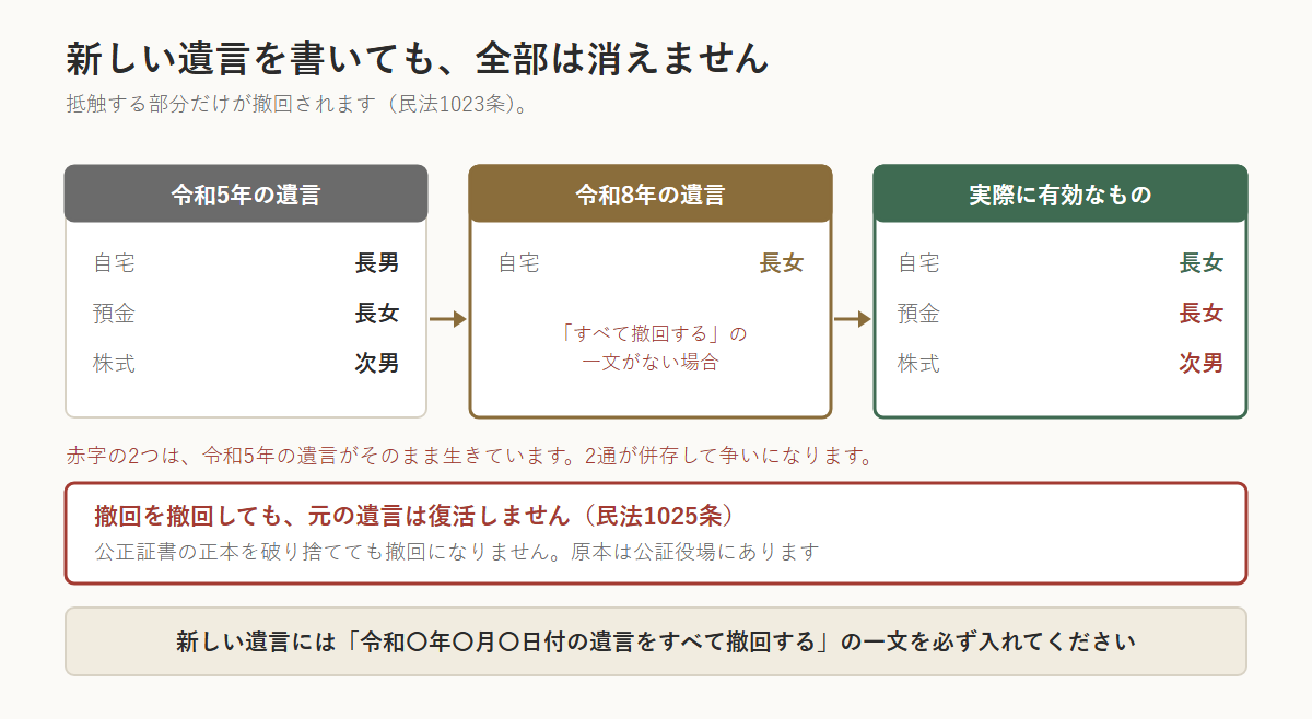 遺言の撤回で抵触する部分だけが撤回されることを示した図。令和5年の遺言が自宅は長男・預金は長女・株式は次男で、令和8年に自宅を長女とだけ書いた場合、自宅は長女に変わるが、預金と株式は令和5年の遺言が生きたまま2通が併存する。撤回を撤回しても元の遺言は復活しない