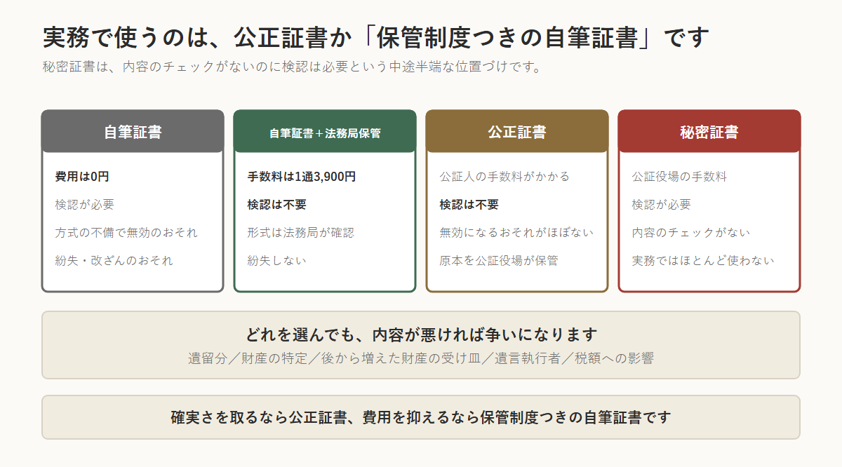 遺言書の種類を比べた図。自筆証書は費用0円だが検認が必要で、方式の不備で無効になるおそれと紛失・改ざんのおそれがある。自筆証書+法務局の保管制度は手数料1通3,900円で検認は不要、形式は法務局が確認し紛失しない。公正証書は公証人の手数料がかかるが検認は不要で、無効になるおそれがほぼなく原本を公証役場が保管する。秘密証書は内容のチェックがないうえ検認が必要で、実務ではほとんど使われない